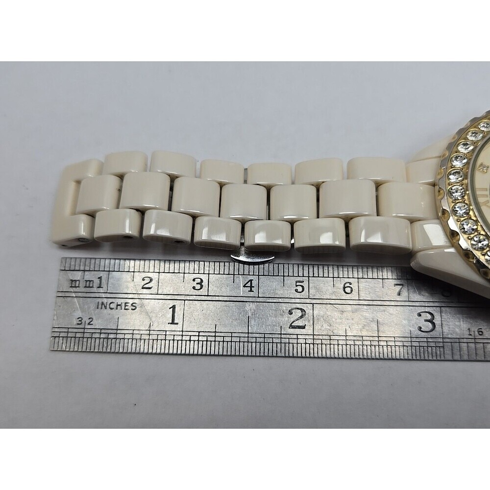 Womens Rare Adrienne Beige Ceramic Skeleton Crystal Bezel Manual Wind Watch - Picture 10 of 11